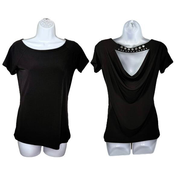 Michael Kors Black Short Sleeve Top Draped Back Studded Strap 6 - Picture 11 of 11